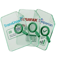 Three credit-bureau report cards with a magnifying glass