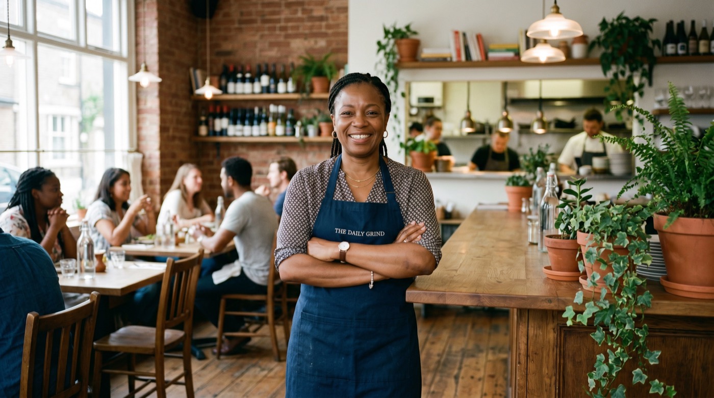 A small-business owner smiling in her café