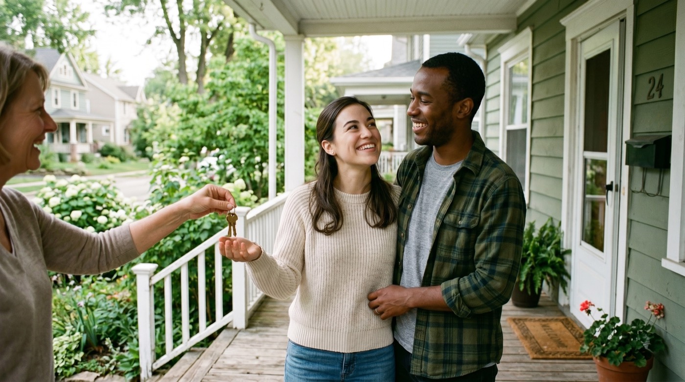 A couple receiving the keys to their new home