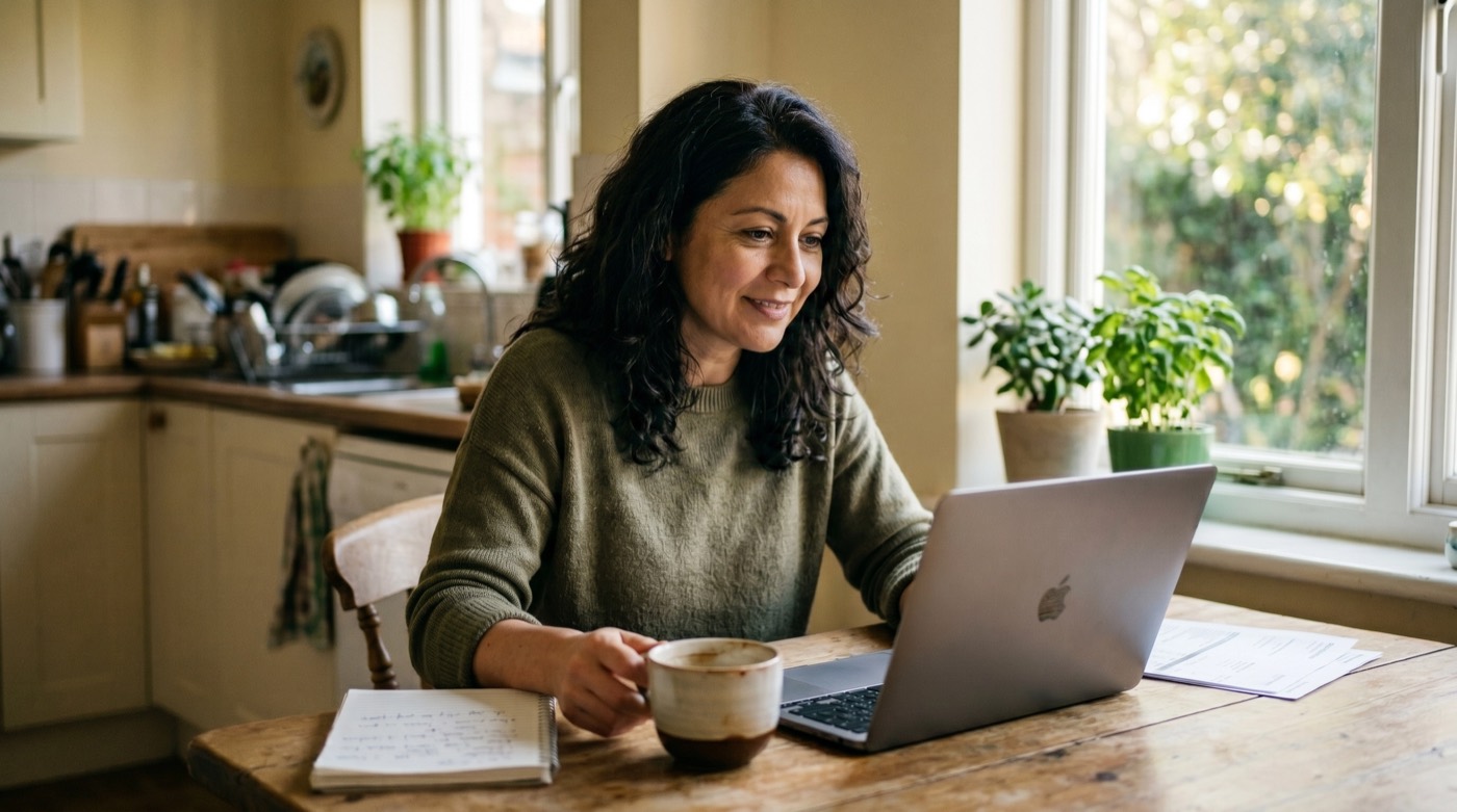 A woman reviewing her finances on a laptop at her kitchen table
