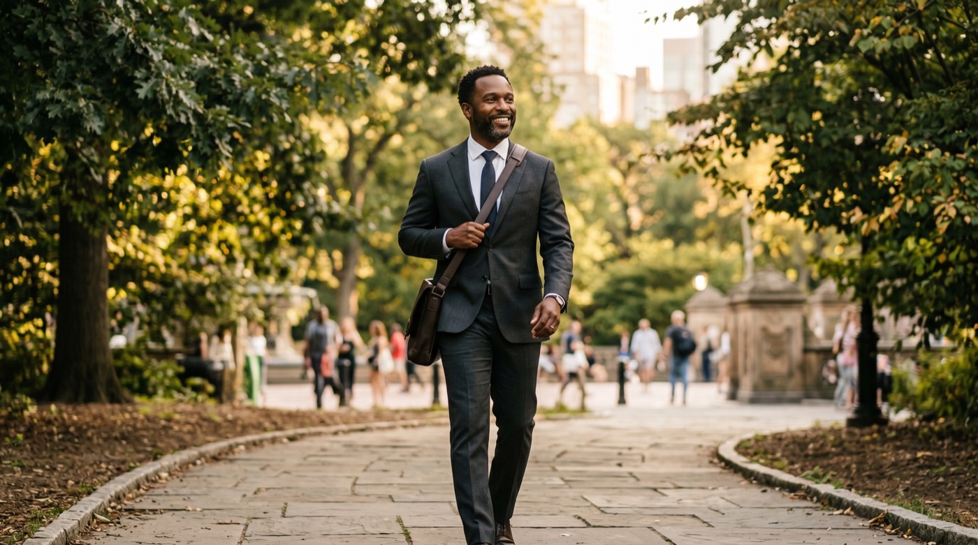 A confident professional walking through a city park