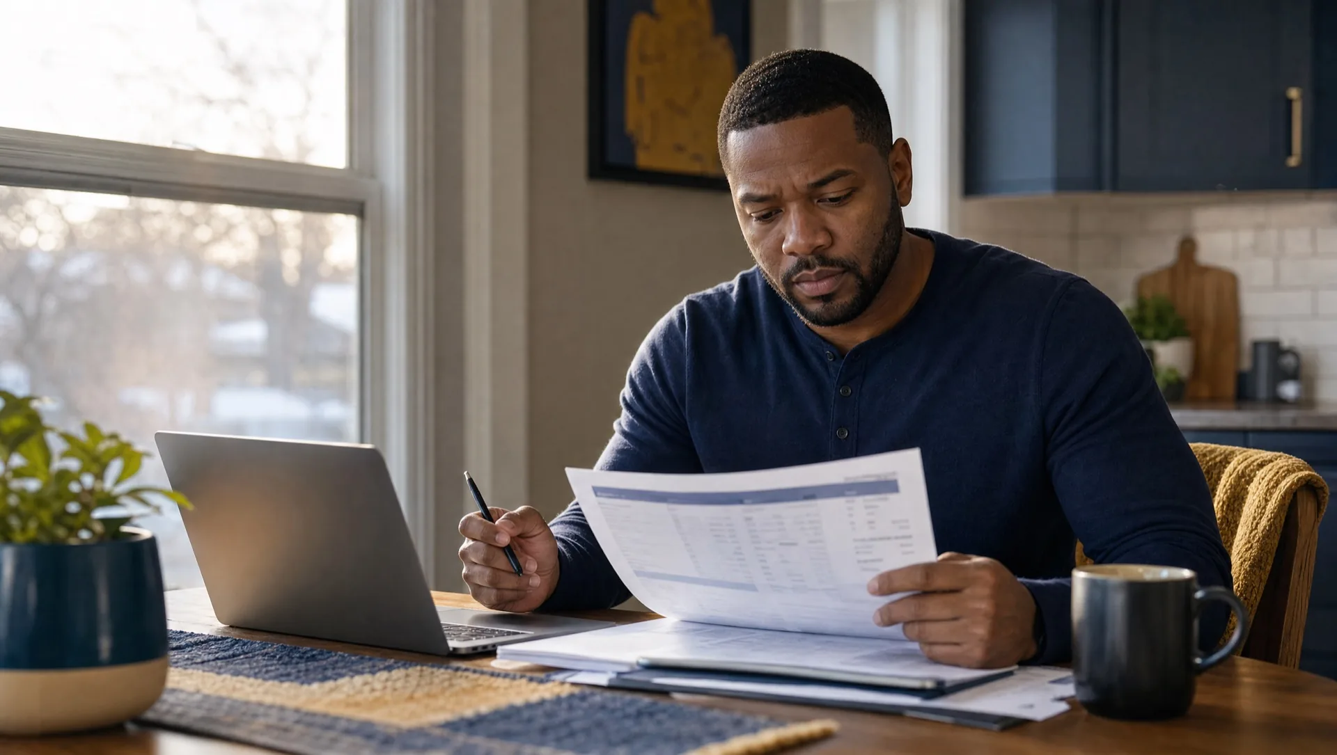 Minnesota homeowner reviewing a credit report at a kitchen table