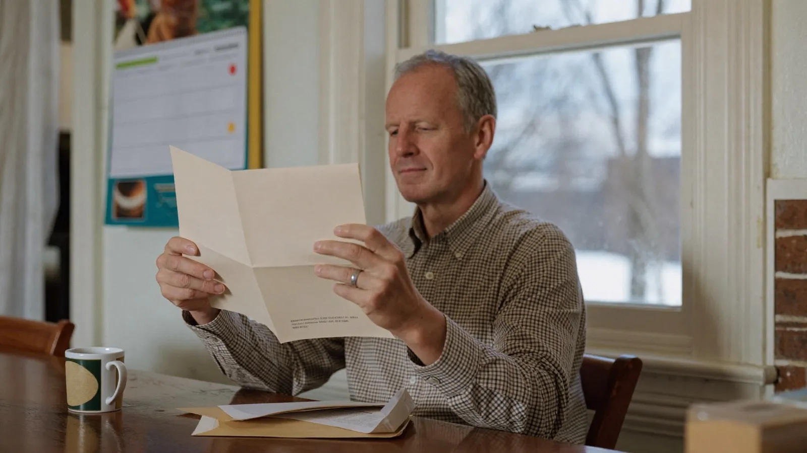 A Minnesota resident at a kitchen table reading an old collection letter next to a calendar